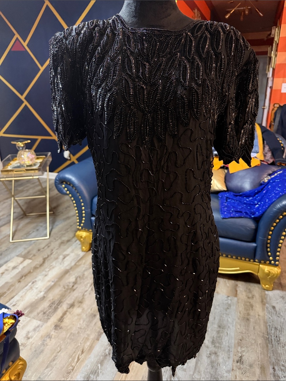 Vintage Laurence Kazar Elegant Black Beaded Cocktail Dress